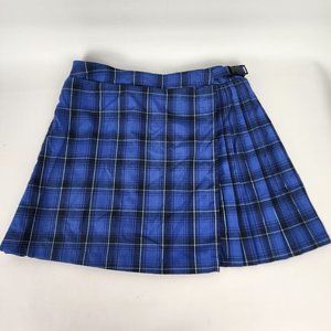 Wild Fable Blue Black Plaid Check Pleated Elastic Waist Buckle Skirt Medium